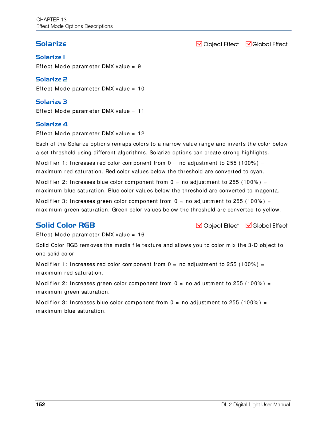 High End Systems DL.2 user manual Solarize, Solid Color RGB, 152 