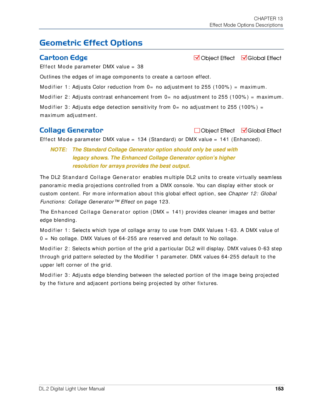 High End Systems DL.2 user manual Geometric Effect Options, Cartoon Edge, Collage Generator, 153 