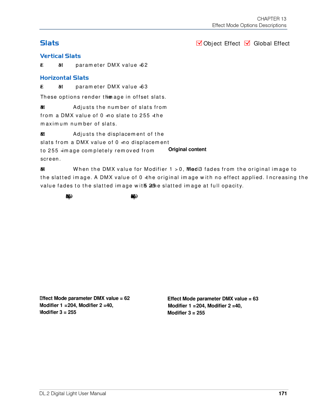 High End Systems DL.2 user manual Vertical Slats, Horizontal Slats, 171 