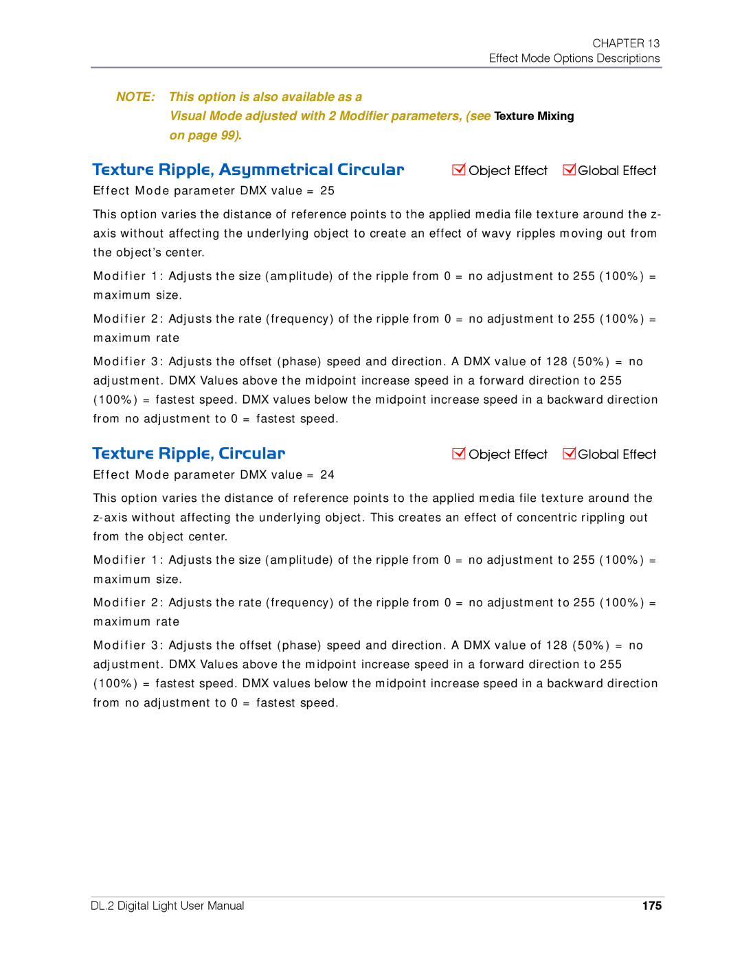 High End Systems DL.2 user manual Texture Ripple, Asymmetrical Circular, Texture Ripple, Circular, 175 