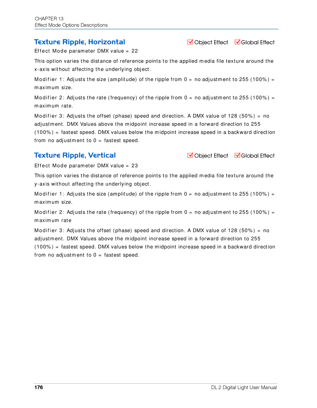 High End Systems DL.2 user manual Texture Ripple, Horizontal, Texture Ripple, Vertical, 176 