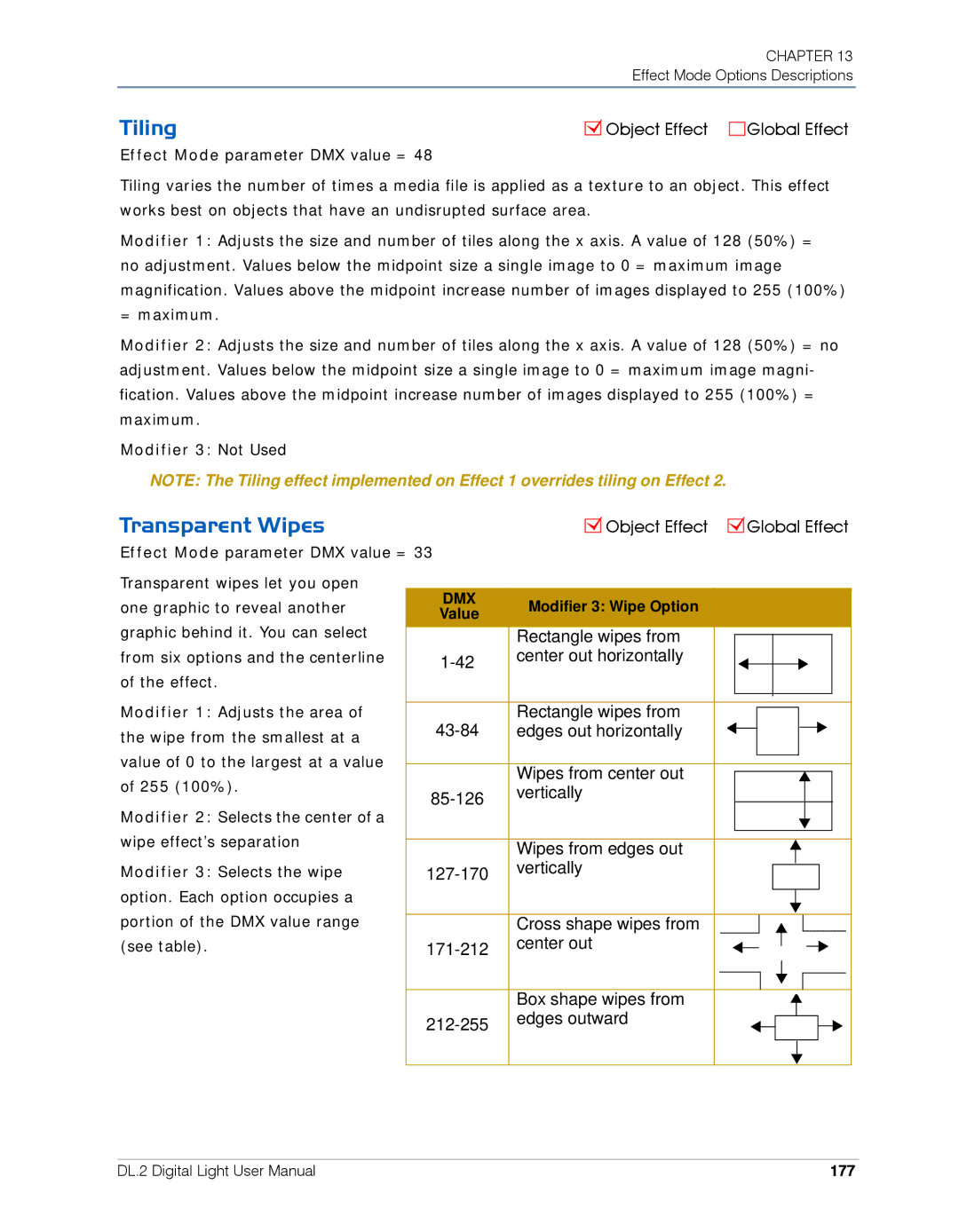 High End Systems DL.2 user manual Tiling, Transparent Wipes, Modifier 3 Wipe Option, 177 