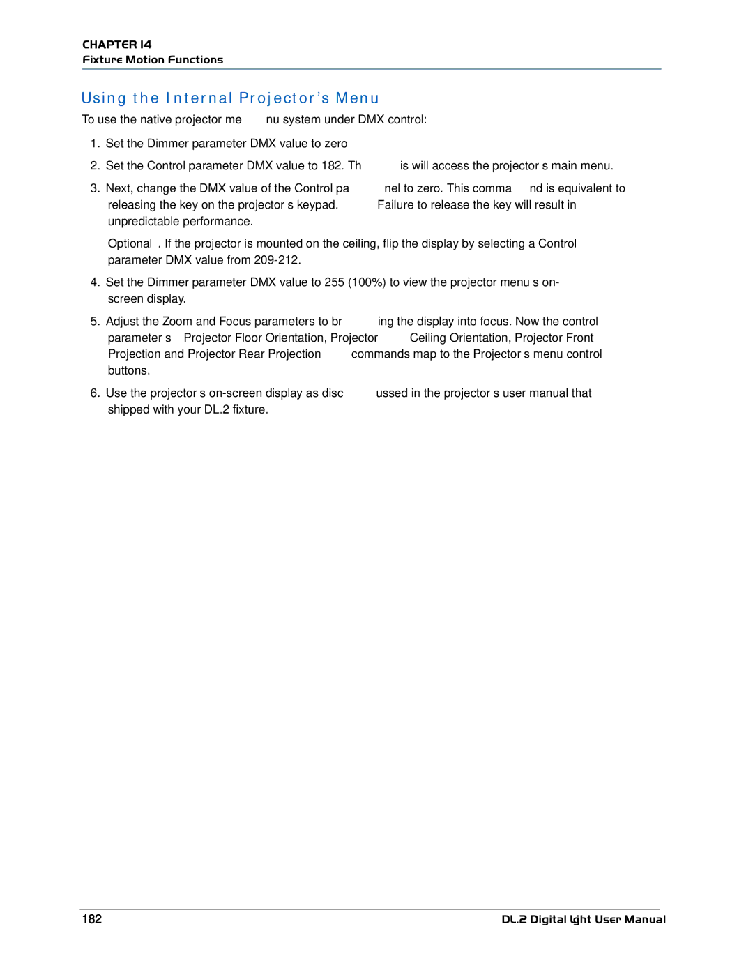 High End Systems DL.2 user manual Using the Internal Projector’s Menu, 182 