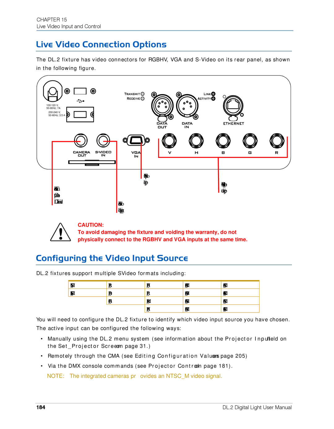 High End Systems DL.2 user manual Live Video Connection Options, Configuring the Video Input Source, 184 