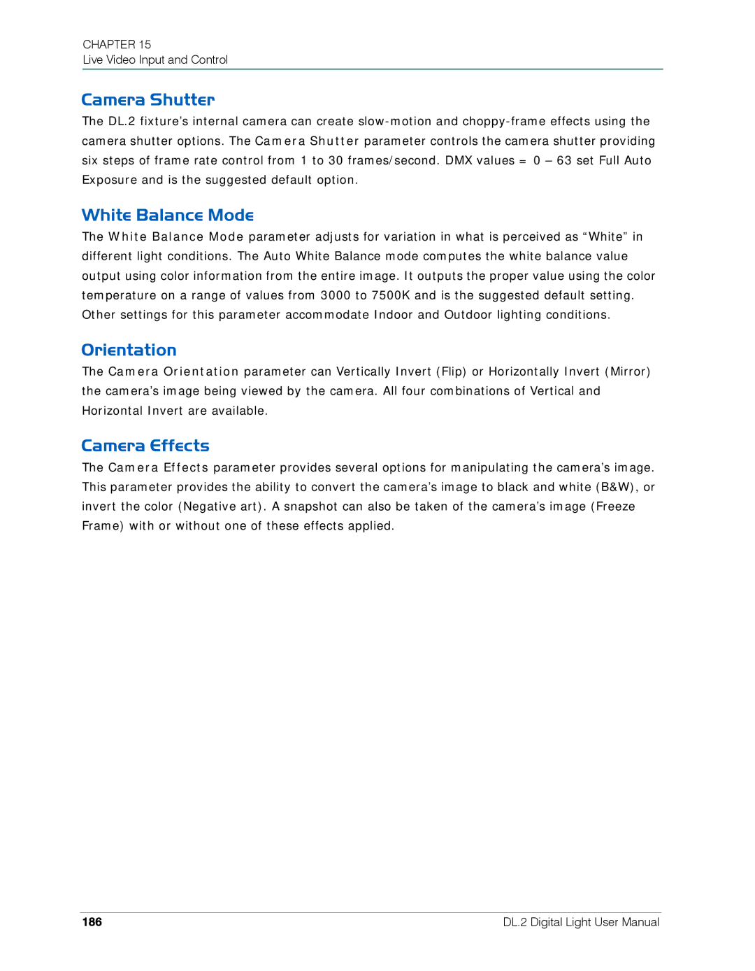 High End Systems DL.2 user manual Camera Shutter, White Balance Mode, Orientation, Camera Effects, 186 