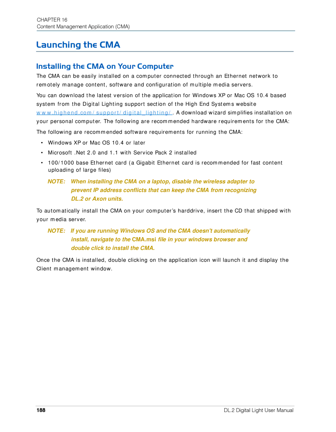 High End Systems DL.2 user manual Launching the CMA, Installing the CMA on Your Computer, 188 