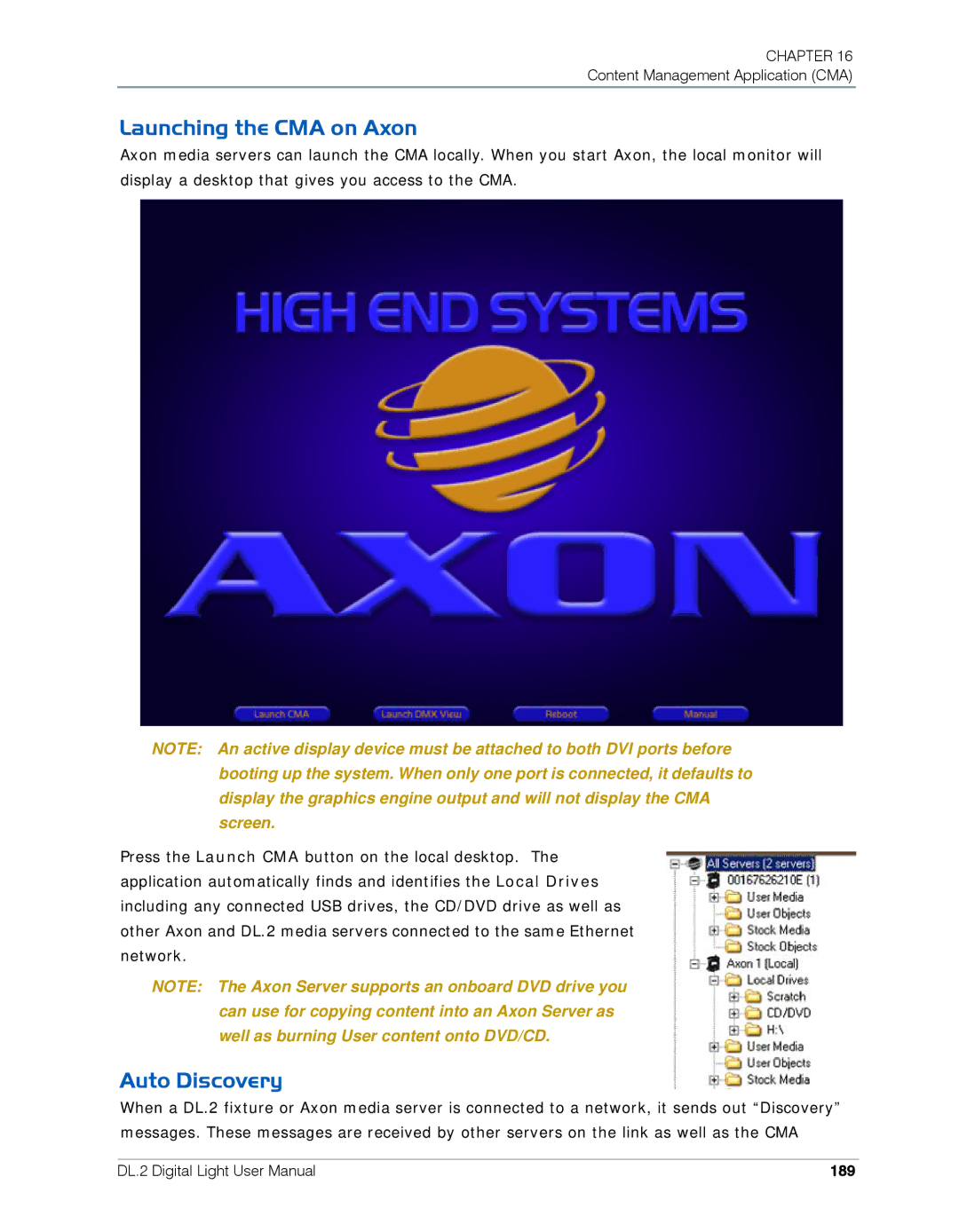 High End Systems DL.2 user manual Launching the CMA on Axon, Auto Discovery, 189 