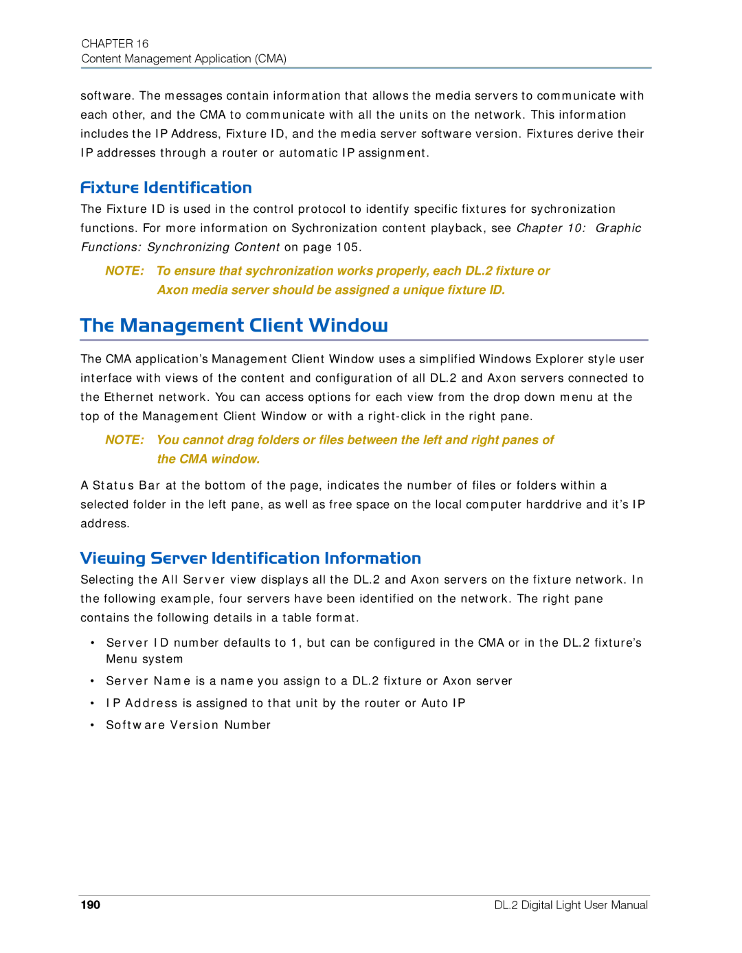 High End Systems DL.2 user manual Management Client Window, Viewing Server Identification Information, 190 