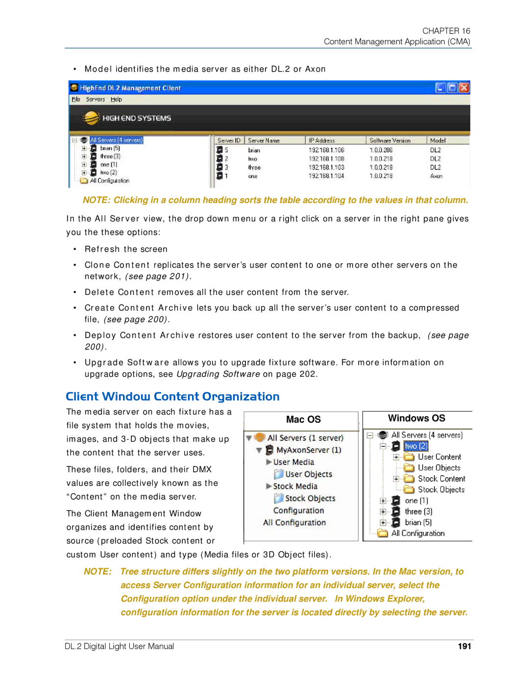 High End Systems DL.2 user manual Client Window Content Organization, 191 