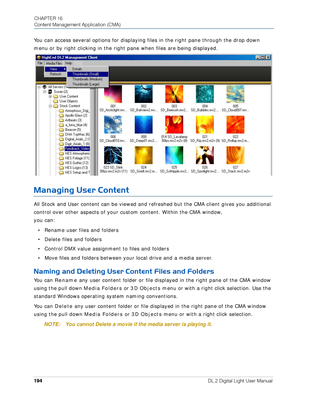 High End Systems DL.2 user manual Managing User Content, Naming and Deleting User Content Files and Folders, 194 