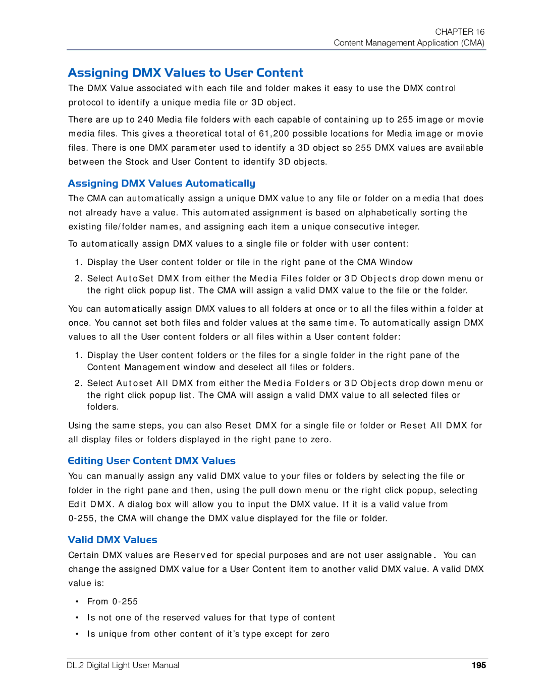 High End Systems DL.2 Assigning DMX Values to User Content, Assigning DMX Values Automatically, Valid DMX Values, 195 