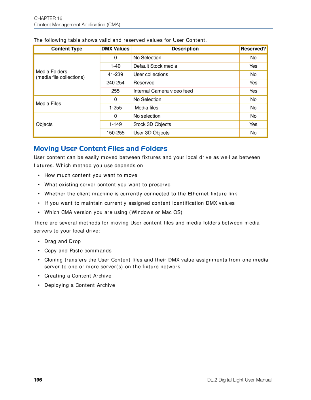 High End Systems DL.2 user manual Moving User Content Files and Folders, Content Type, 196 