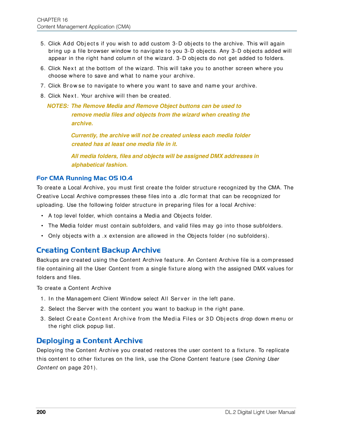 High End Systems DL.2 user manual Creating Content Backup Archive, Deploying a Content Archive, For CMA Running Mac OS, 200 