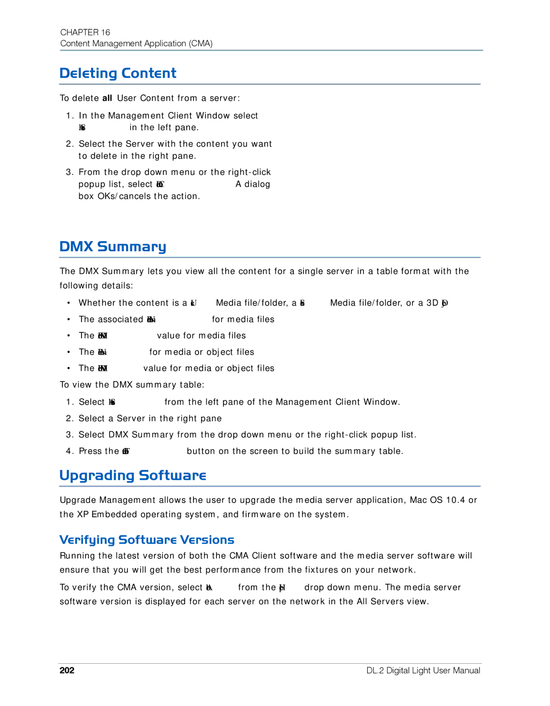 High End Systems DL.2 user manual Deleting Content, DMX Summary, Upgrading Software, Verifying Software Versions, 202 