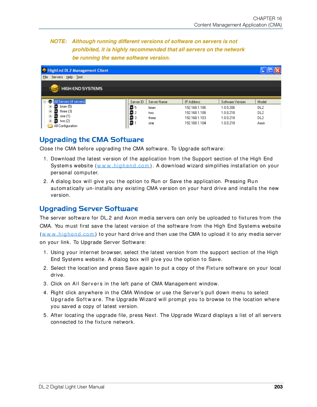 High End Systems DL.2 user manual Upgrading the CMA Software, Upgrading Server Software, 203 