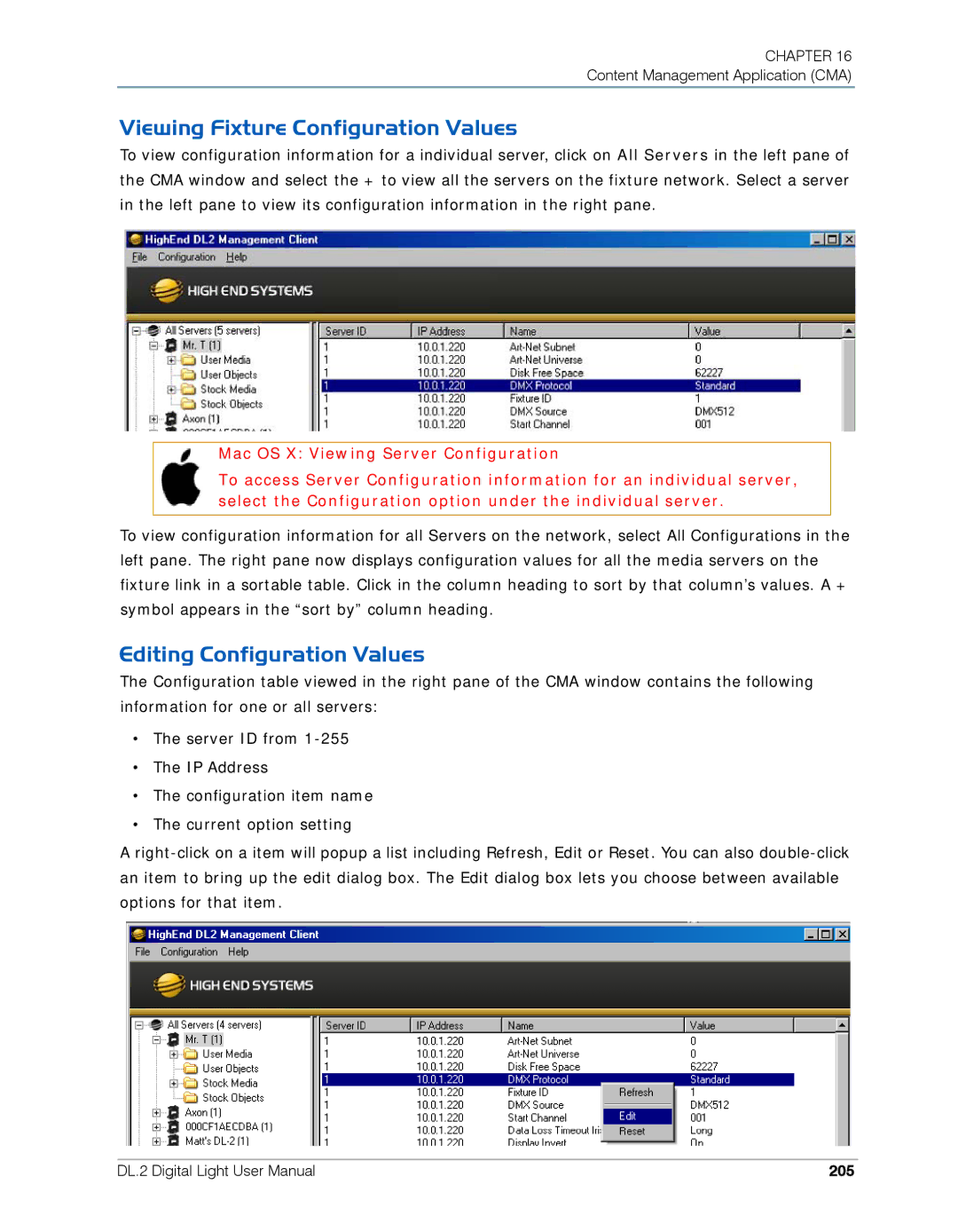 High End Systems DL.2 user manual Viewing Fixture Configuration Values, Editing Configuration Values, 205 