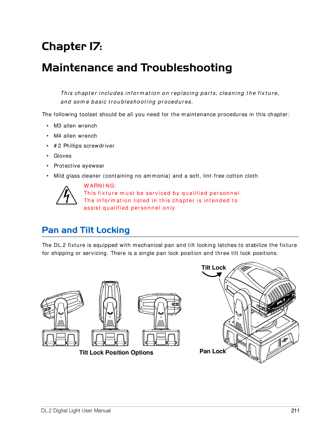 High End Systems DL.2 user manual Chapter Maintenance and Troubleshooting, Pan and Tilt Locking, 211 
