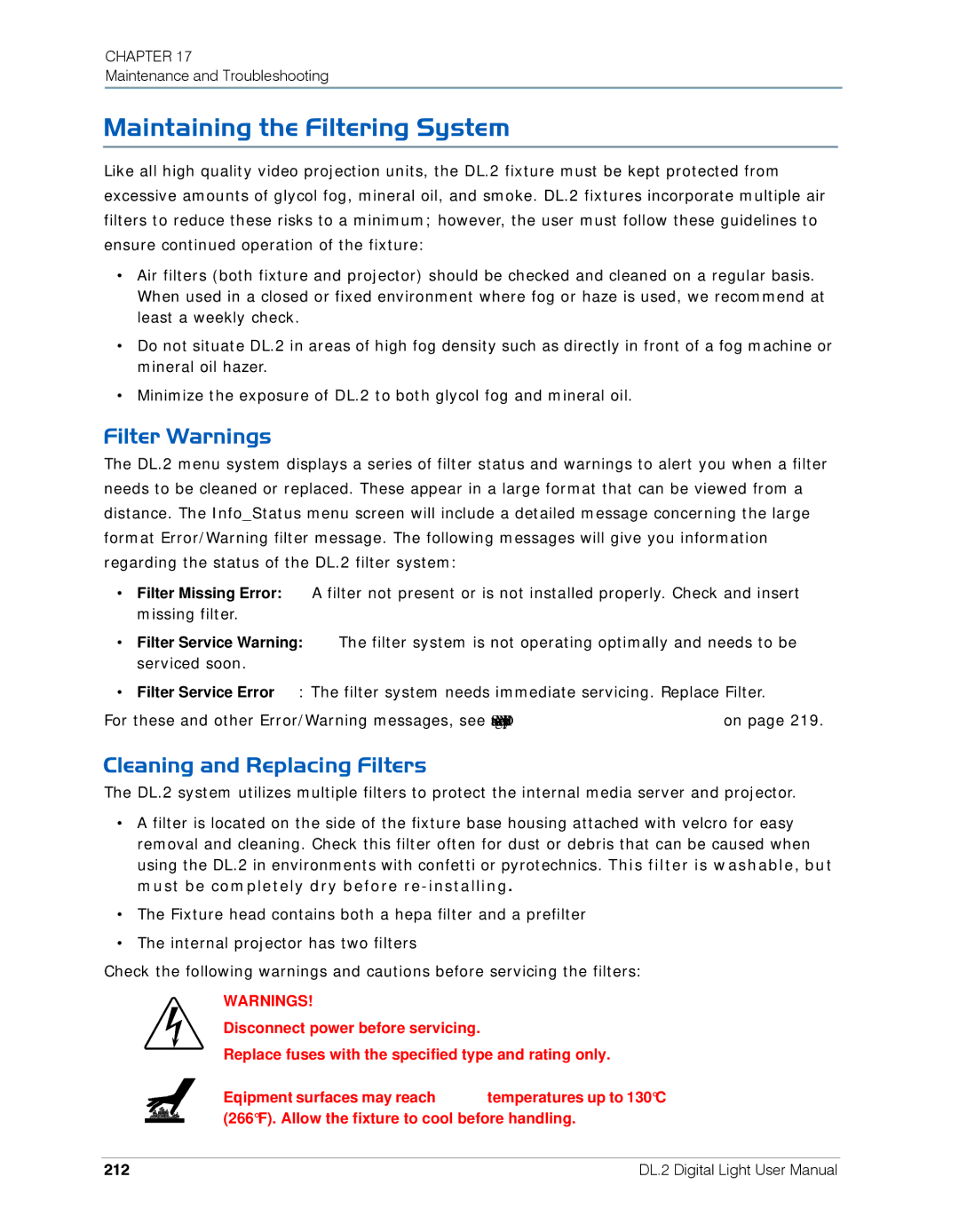 High End Systems DL.2 user manual Maintaining the Filtering System, Filter Warnings, Cleaning and Replacing Filters, 212 