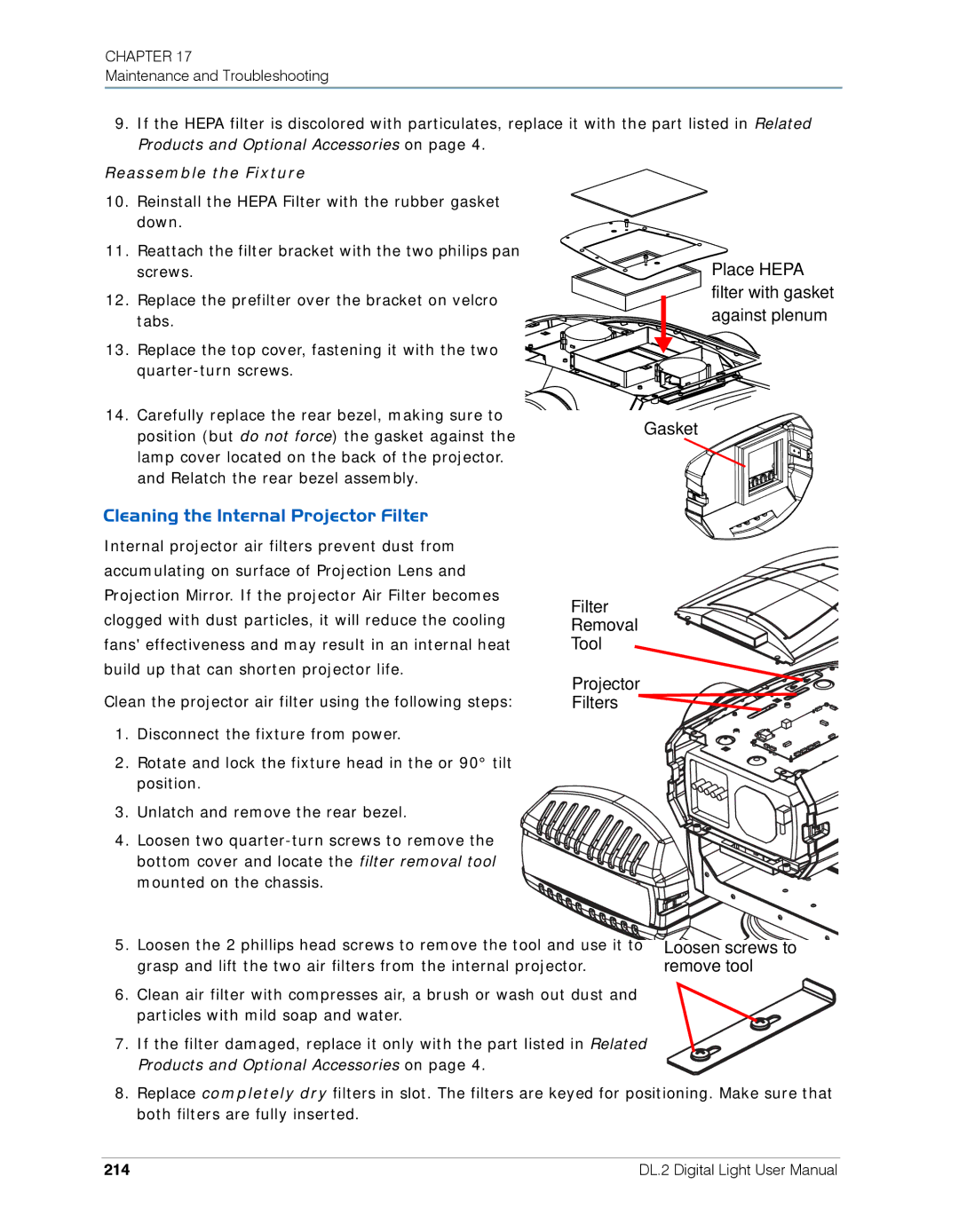 High End Systems DL.2 user manual Cleaning the Internal Projector Filter, 214 