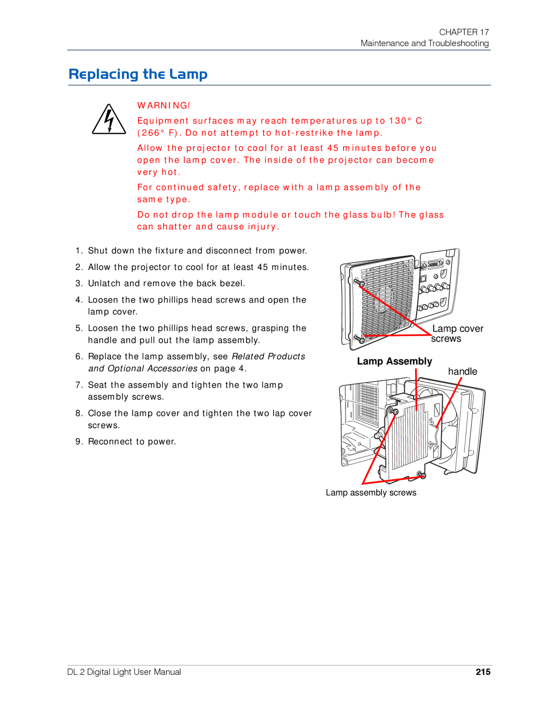 High End Systems DL.2 user manual Replacing the Lamp, 215 