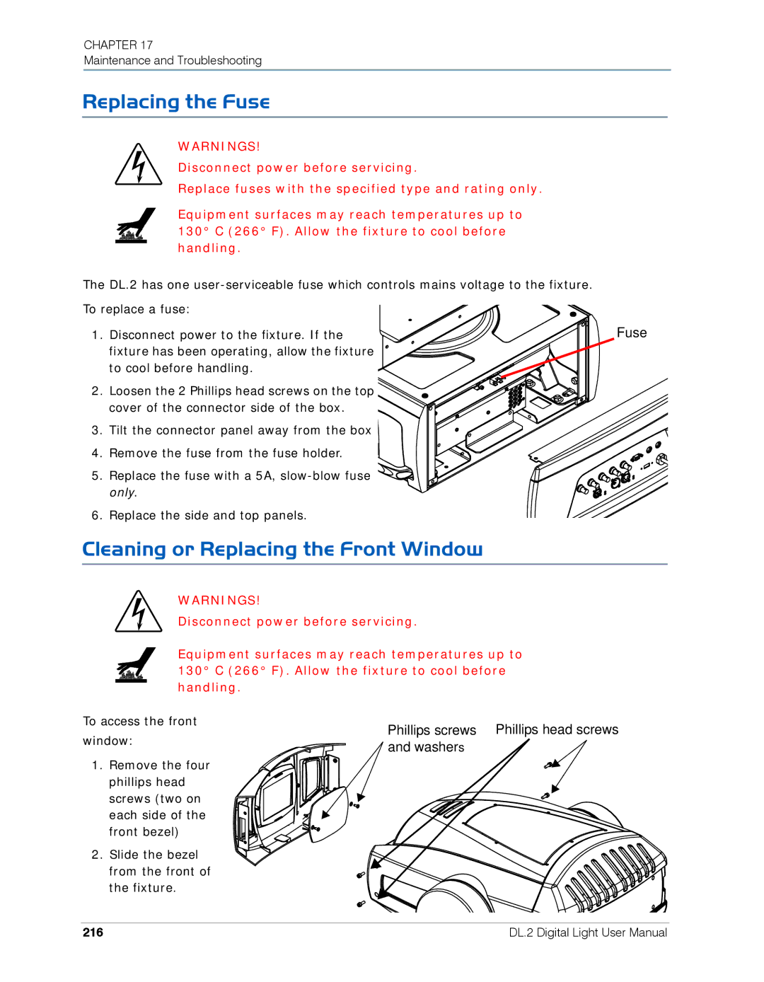 High End Systems DL.2 user manual Replacing the Fuse, Cleaning or Replacing the Front Window, 216 