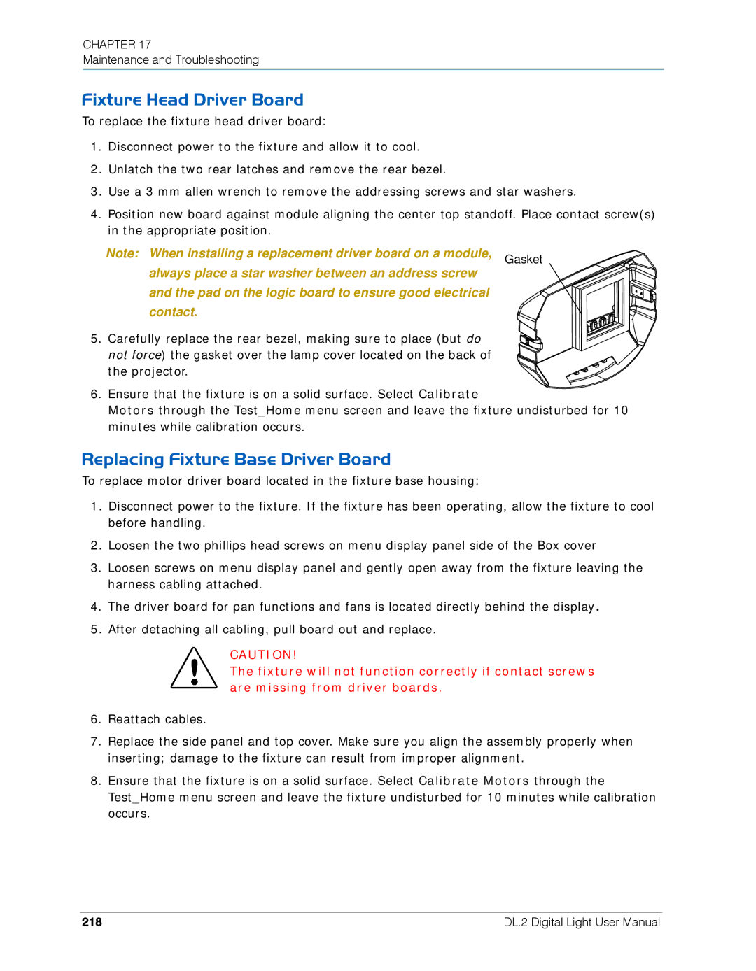 High End Systems DL.2 user manual Fixture Head Driver Board, Replacing Fixture Base Driver Board, 218 