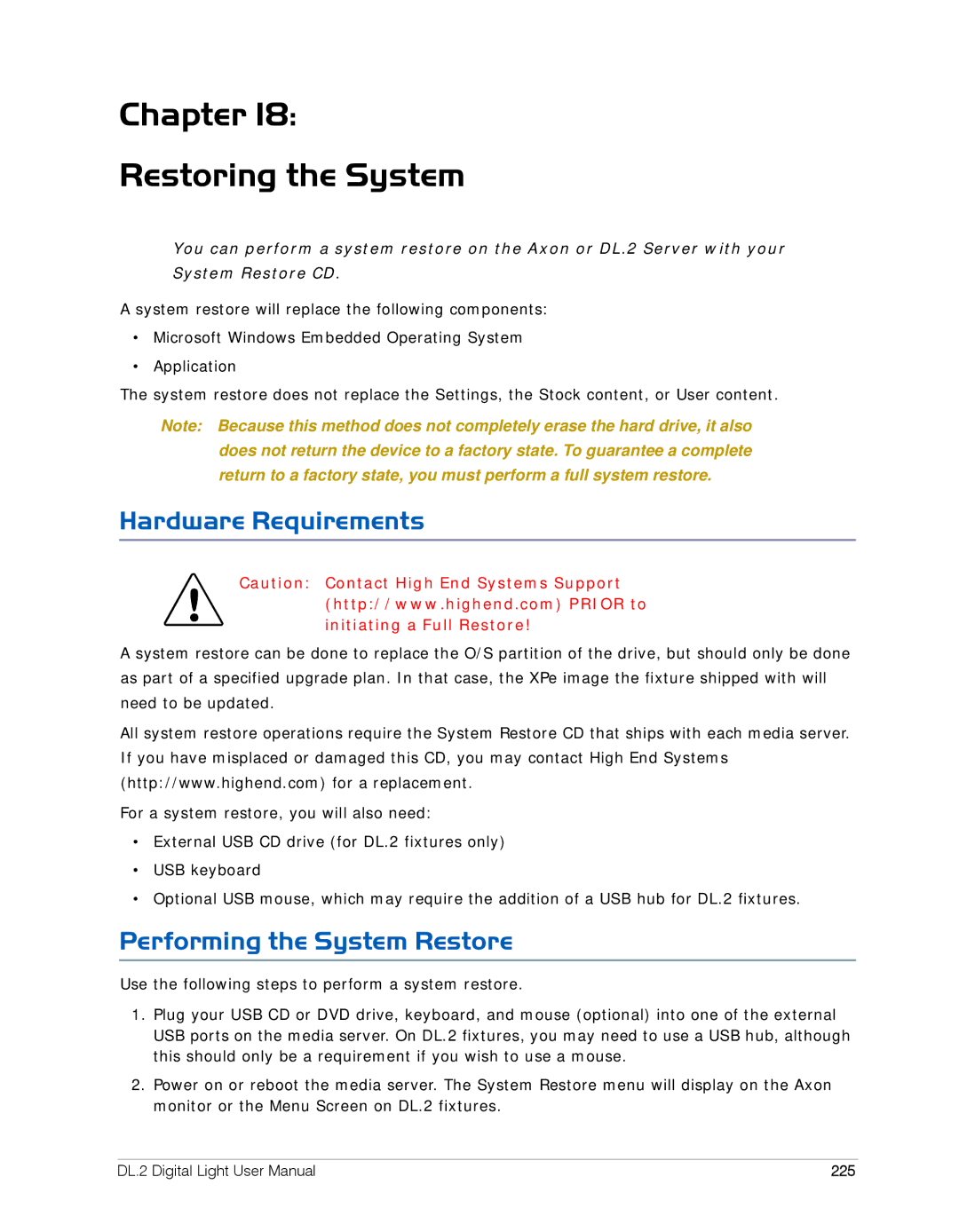 High End Systems DL.2 user manual Chapter Restoring the System, Hardware Requirements, Performing the System Restore, 225 