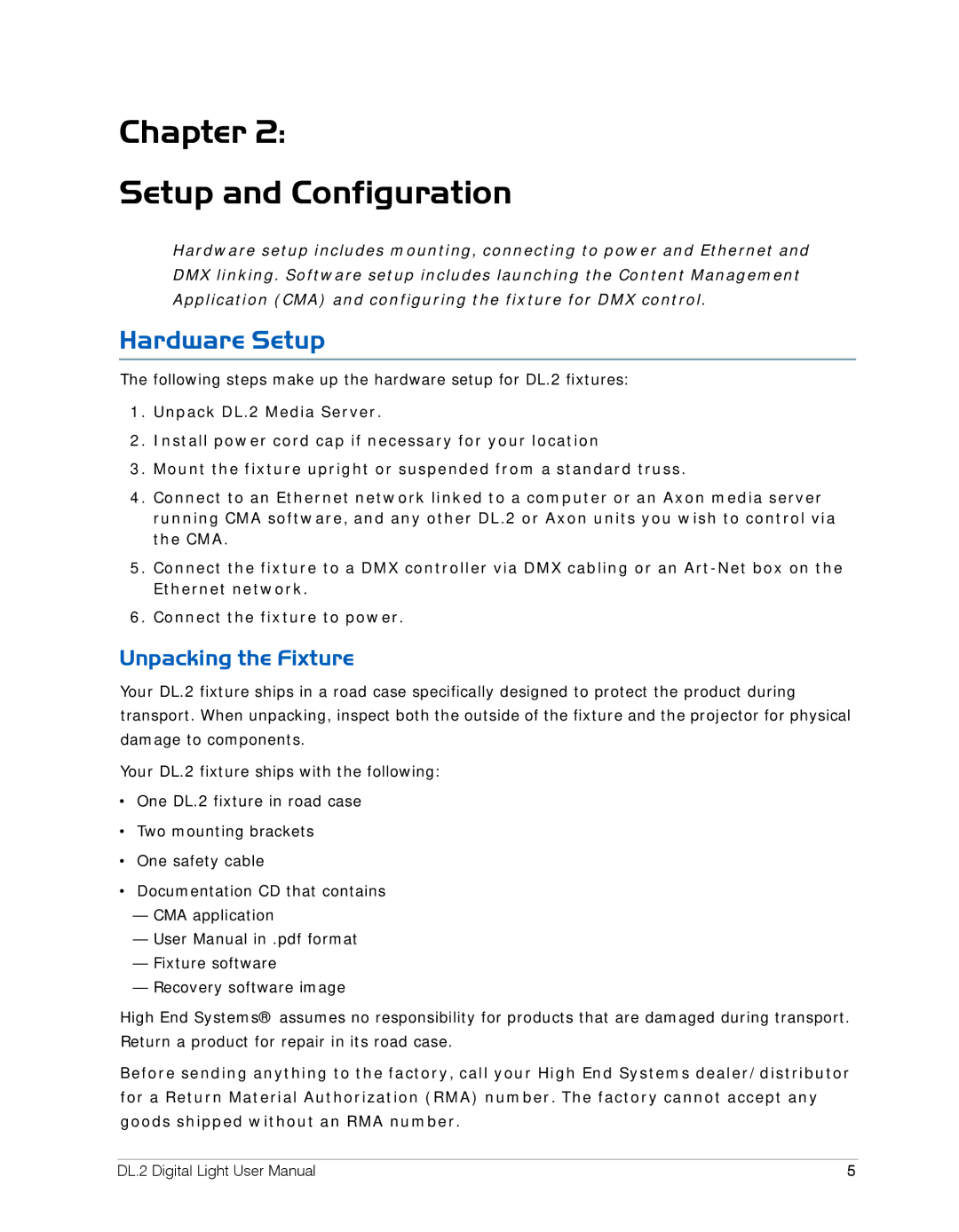 High End Systems DL.2 user manual Chapter Setup and Configuration, Hardware Setup, Unpacking the Fixture 