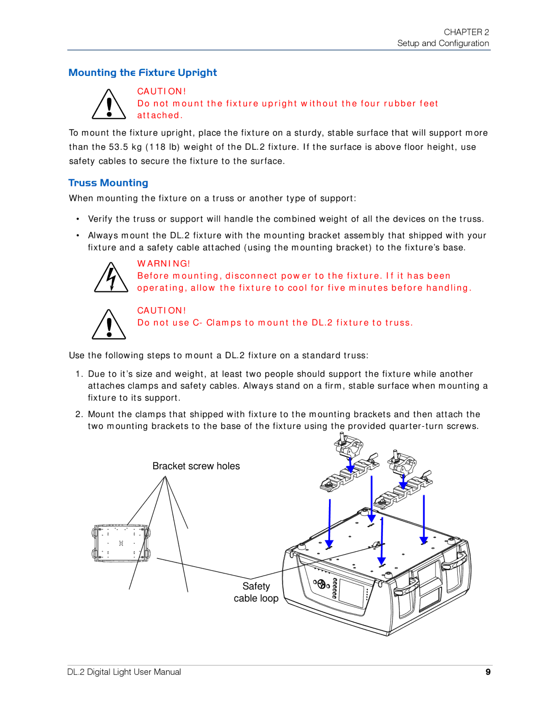 High End Systems DL.2 user manual Mounting the Fixture Upright, Truss Mounting 