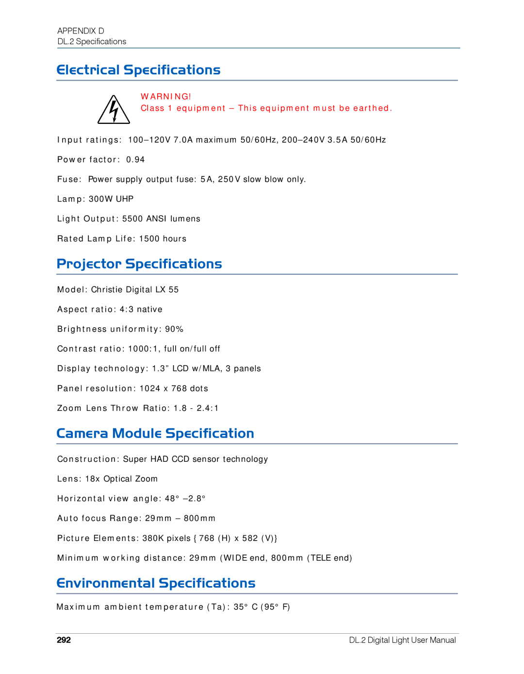 High End Systems DL.2 user manual Electrical Specifications, Projector Specifications, Camera Module Specification, 292 