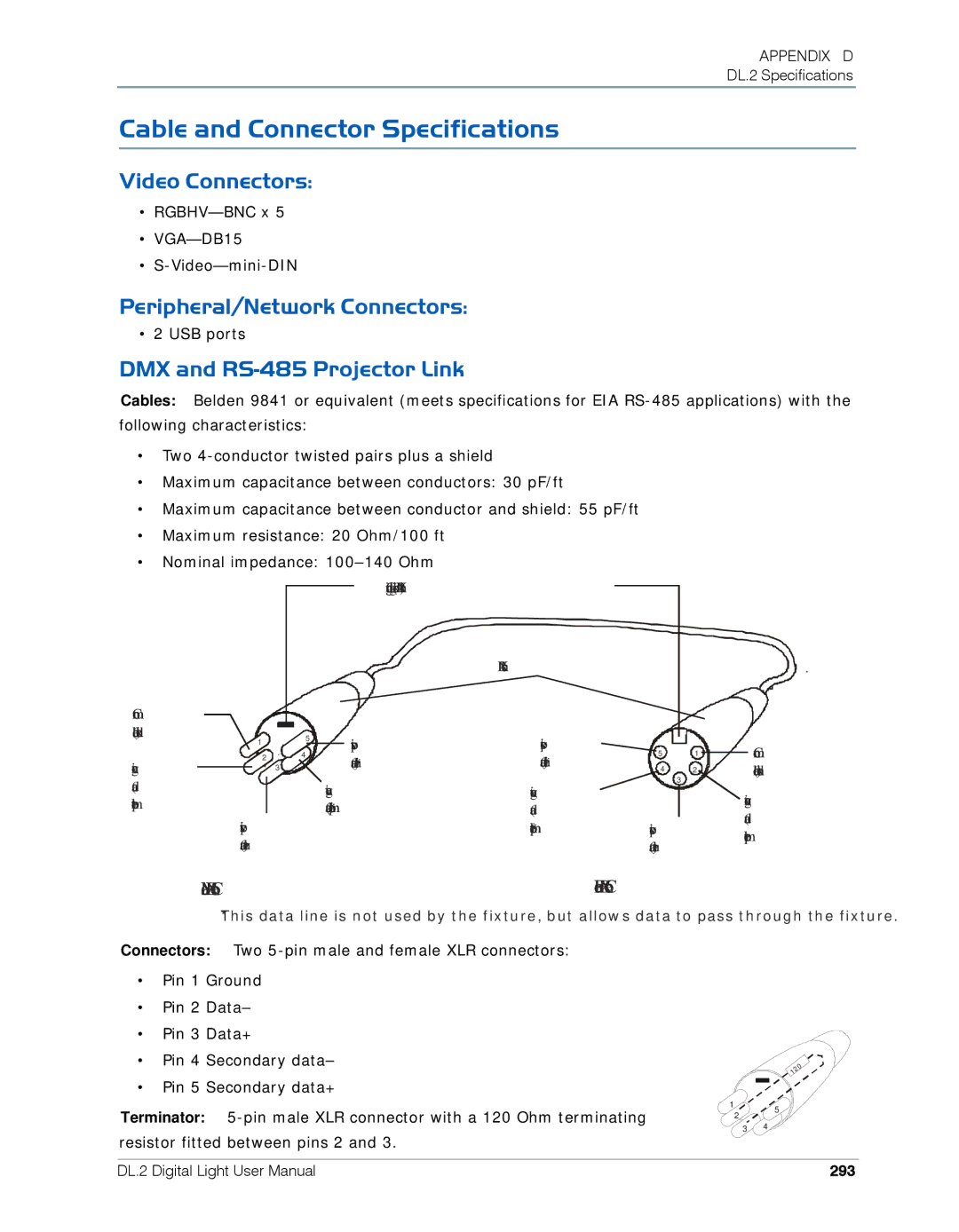 High End Systems DL.2 user manual Cable and Connector Specifications, Video Connectors, Peripheral/Network Connectors, 293 