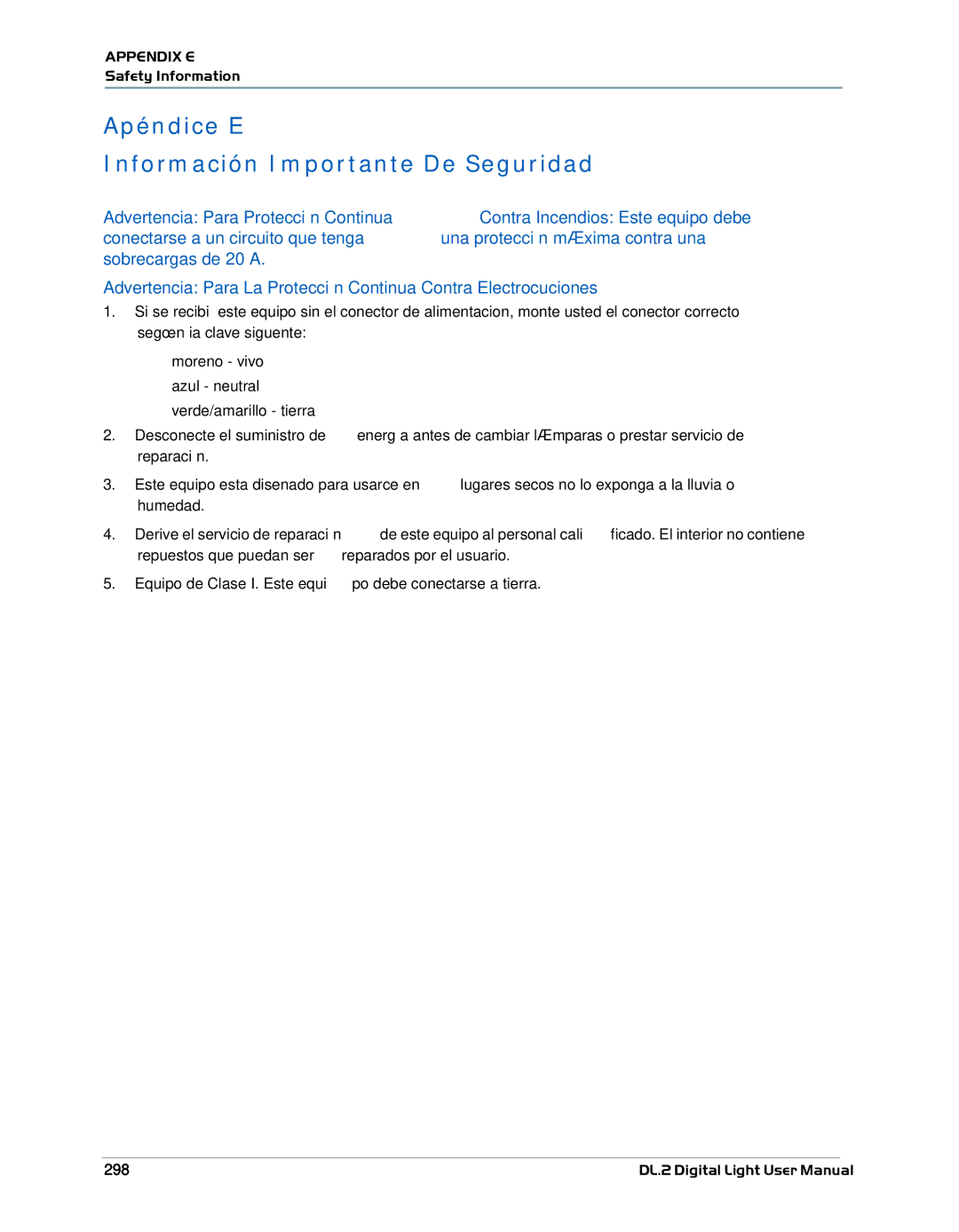 High End Systems DL.2 user manual Apéndice E Información Importante De Seguridad, 298 