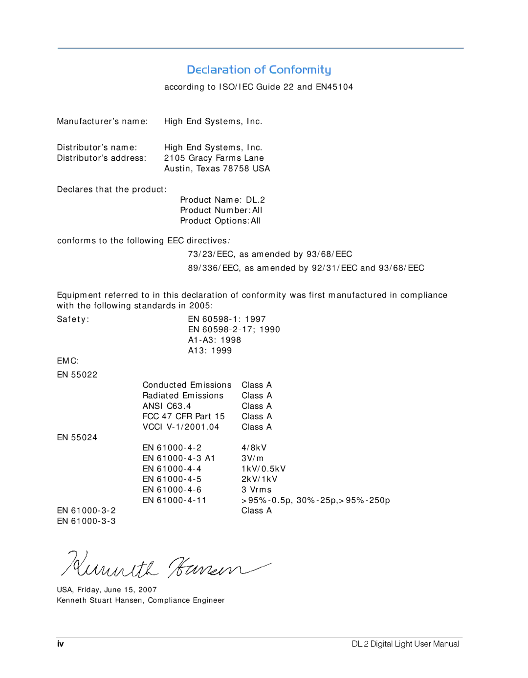 High End Systems DL.2 user manual Declaration of Conformity 