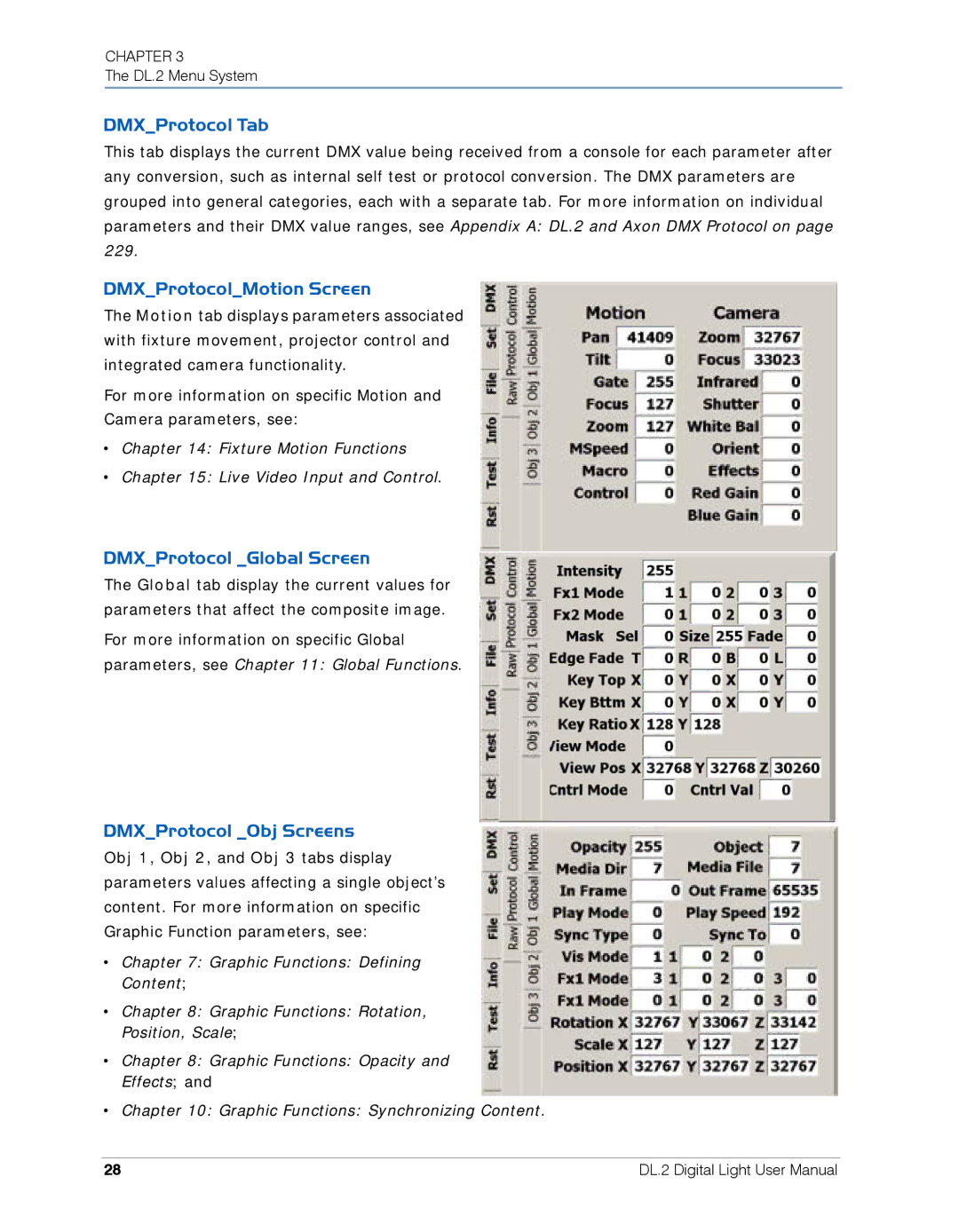 High End Systems DL.2 DMXProtocol Tab, DMXProtocolMotion Screen, DMXProtocol Global Screen, DMXProtocol Obj Screens 