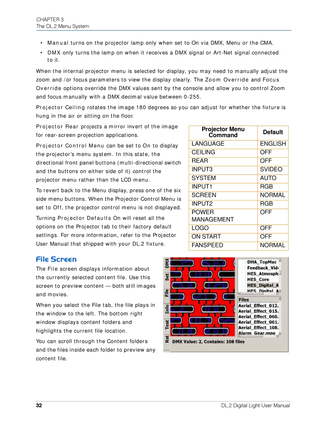 High End Systems DL.2 user manual File Screen, Projector Menu Default Command 