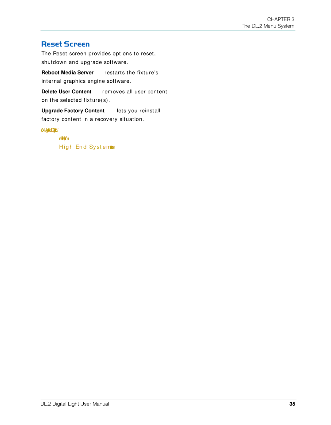 High End Systems DL.2 user manual Reset Screen 