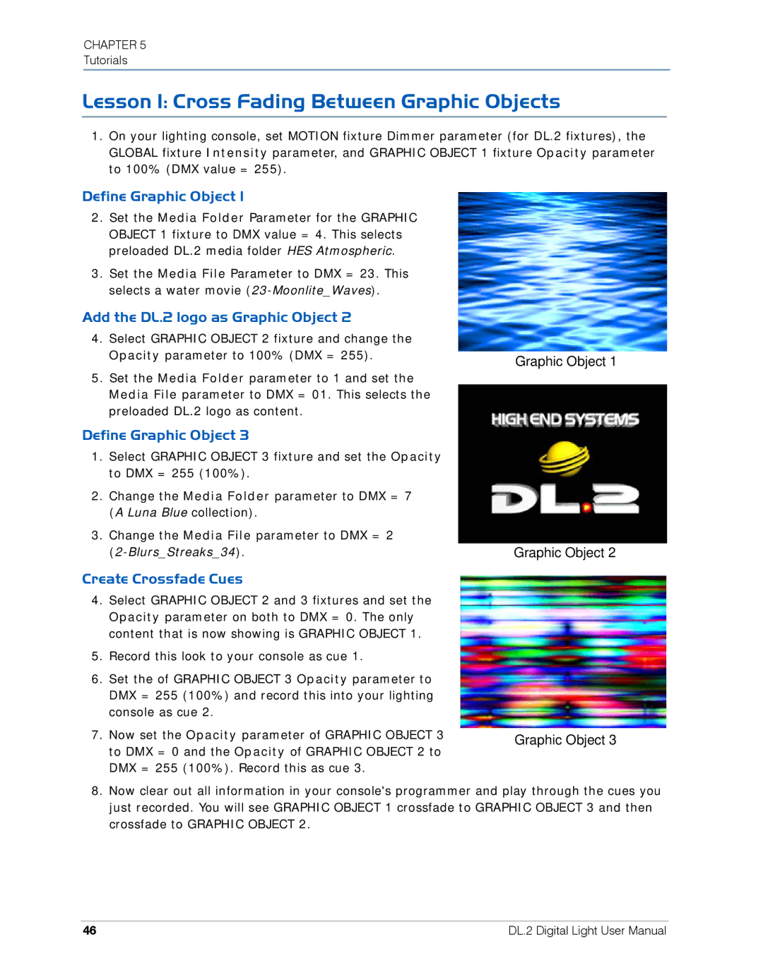 High End Systems DL.2 Lesson 1 Cross Fading Between Graphic Objects, Define Graphic Object, Create Crossfade Cues 