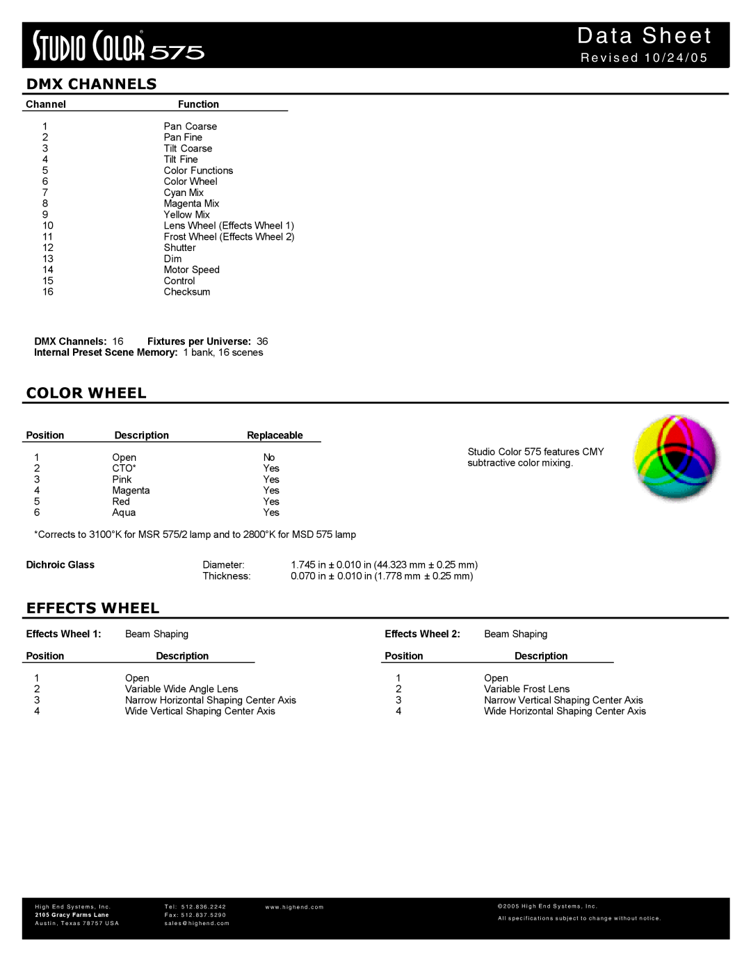 High End Systems MSD 575, MSR 575/2 dimensions DMX Channels, Color Wheel, Effects Wheel 