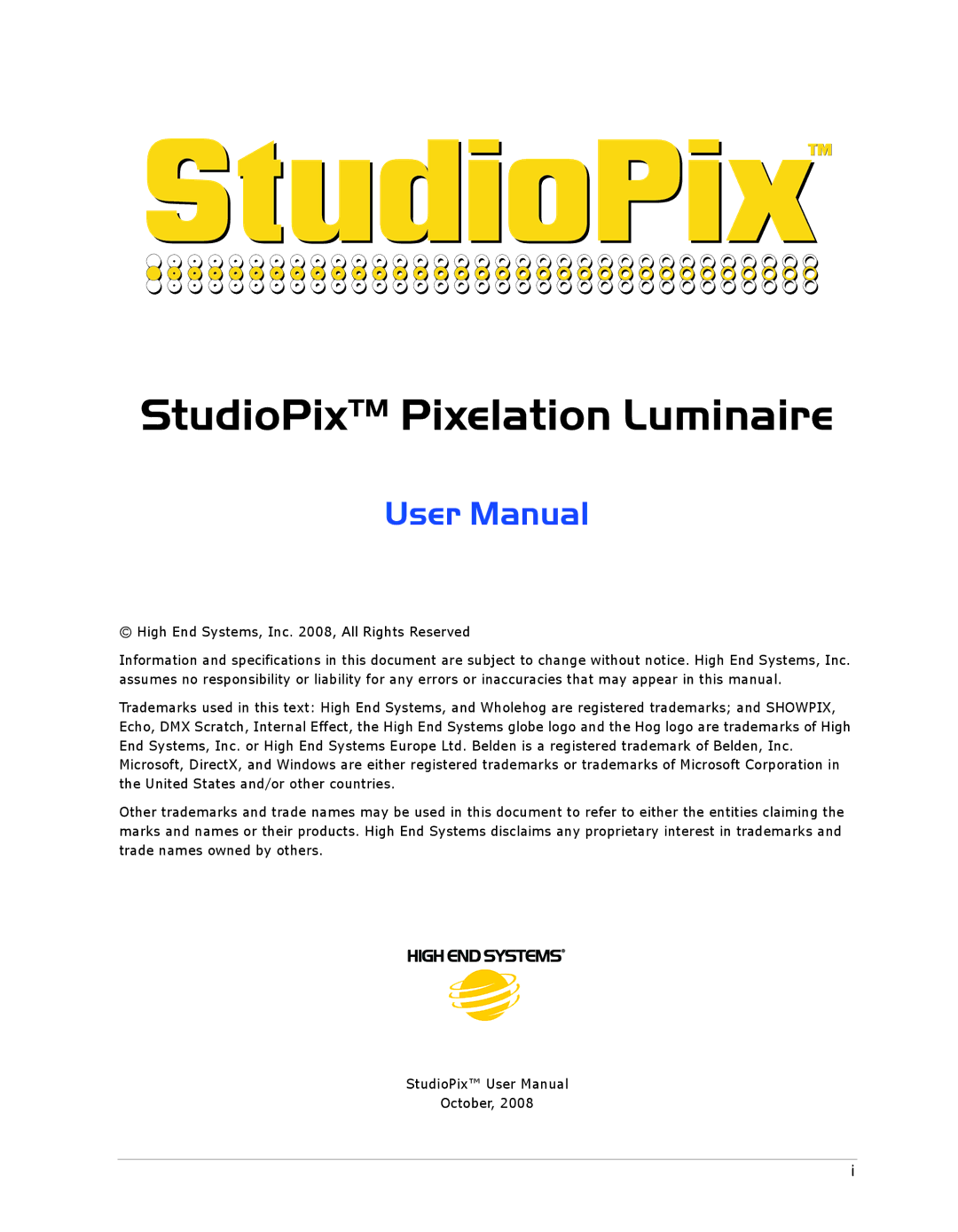 High End Systems user manual StudioPix Pixelation Luminaire 