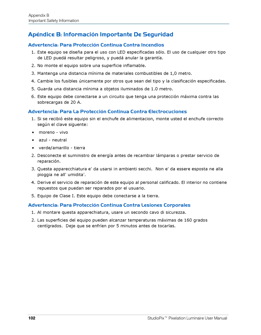 High End Systems Pixelation Luminaire user manual Apéndice B Información Importante De Seguridad, 102 