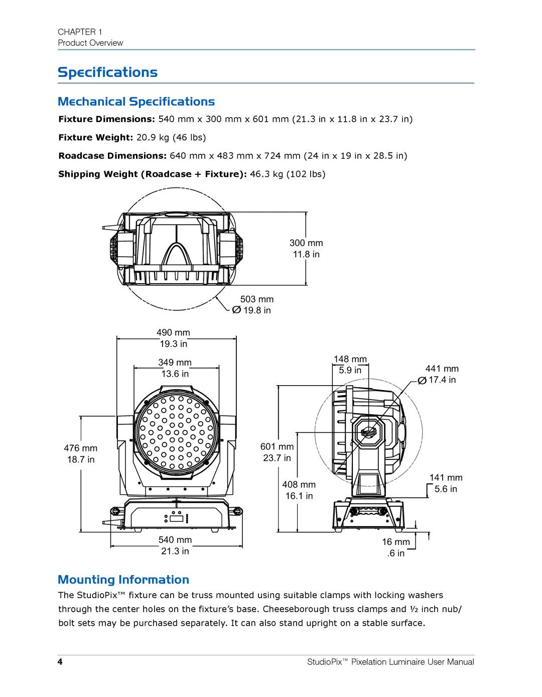 High End Systems Pixelation Luminaire user manual Mechanical Specifications, Mounting Information 