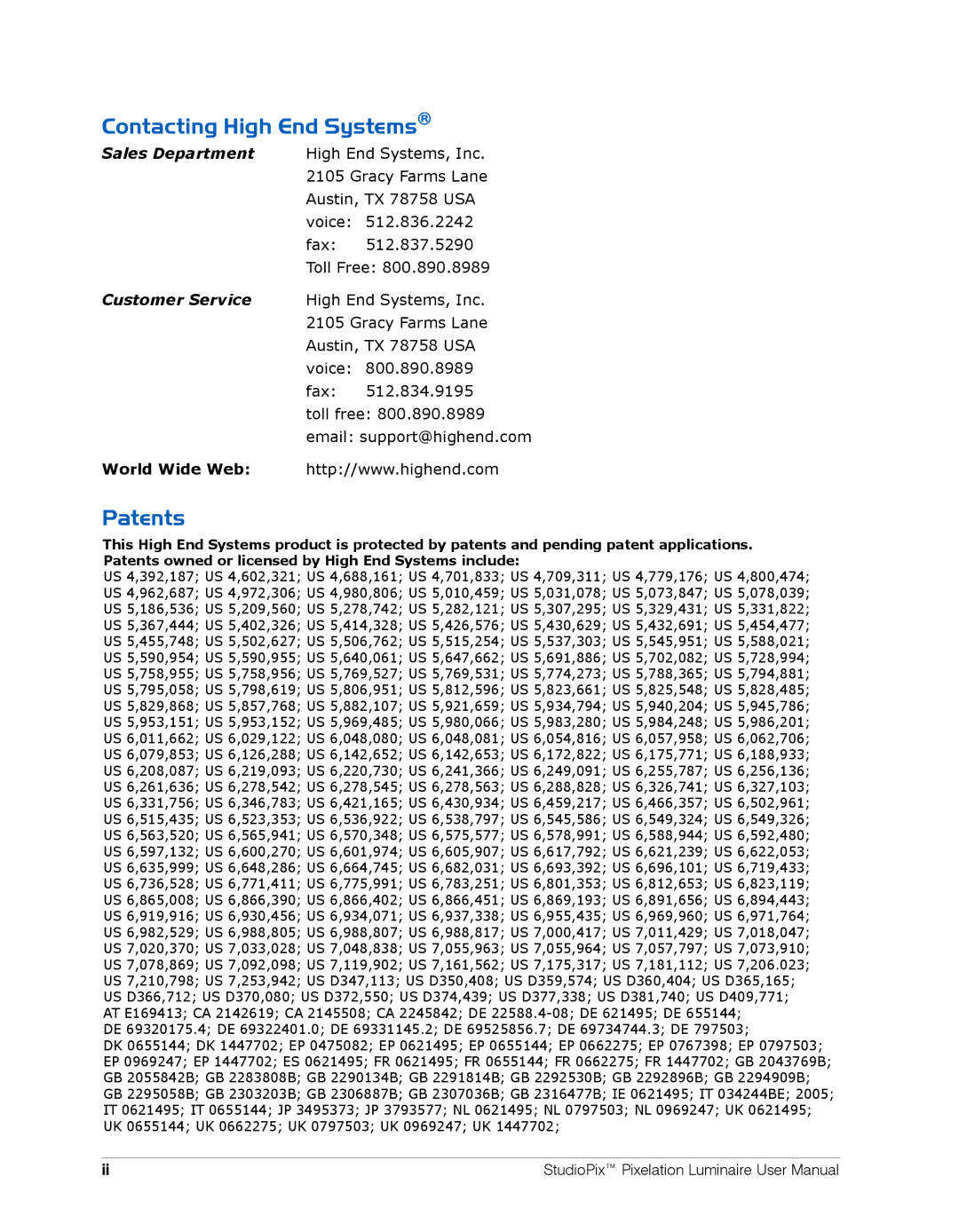 High End Systems Pixelation Luminaire user manual Contacting High End Systems, Patents 