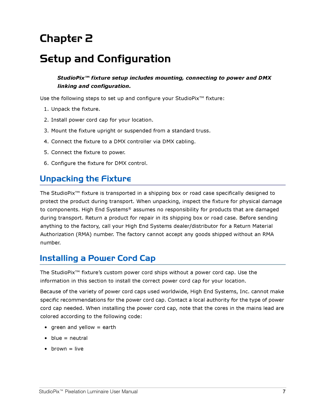 High End Systems Pixelation Luminaire Chapter Setup and Configuration, Unpacking the Fixture, Installing a Power Cord Cap 