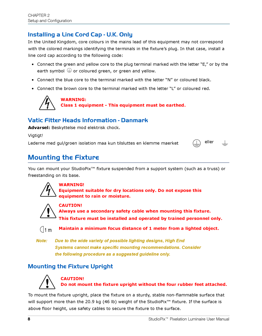 High End Systems Pixelation Luminaire user manual Mounting the Fixture, Installing a Line Cord Cap U.K. Only 