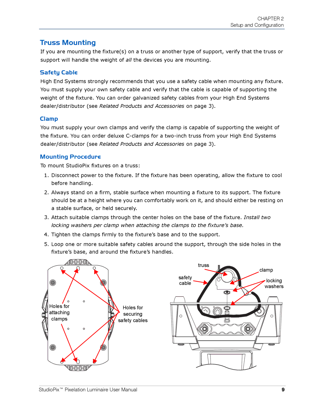 High End Systems Pixelation Luminaire user manual Truss Mounting, Safety Cable, Clamp, Mounting Procedure 