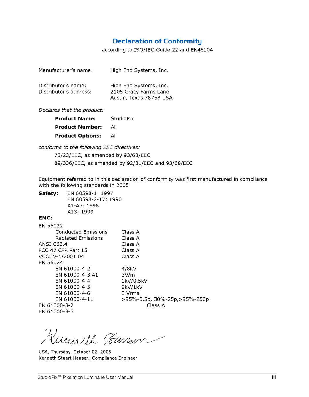 High End Systems Pixelation Luminaire user manual Declaration of Conformity, Iii 