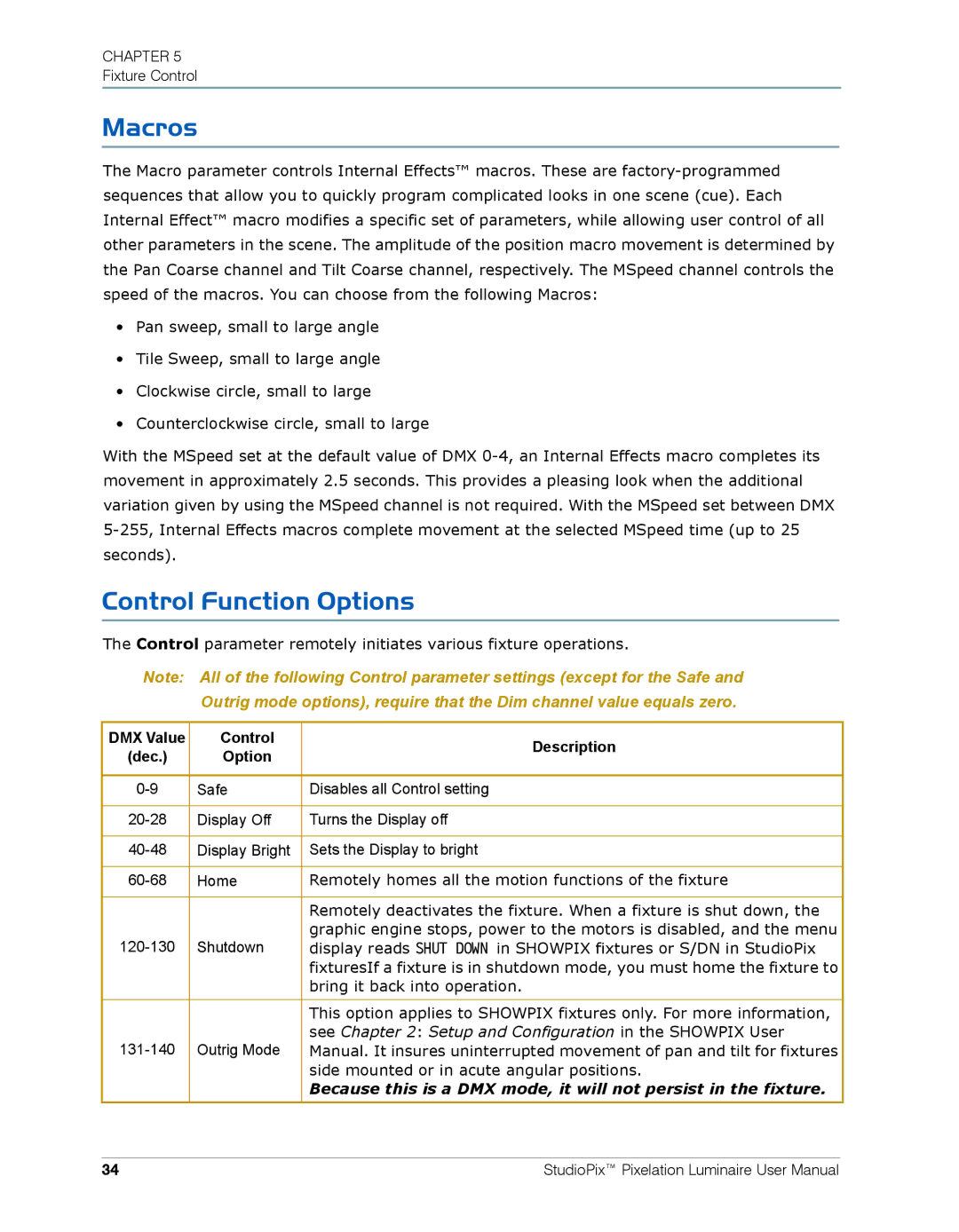 High End Systems Pixelation Luminaire user manual Macros, Control Function Options, Control Description 