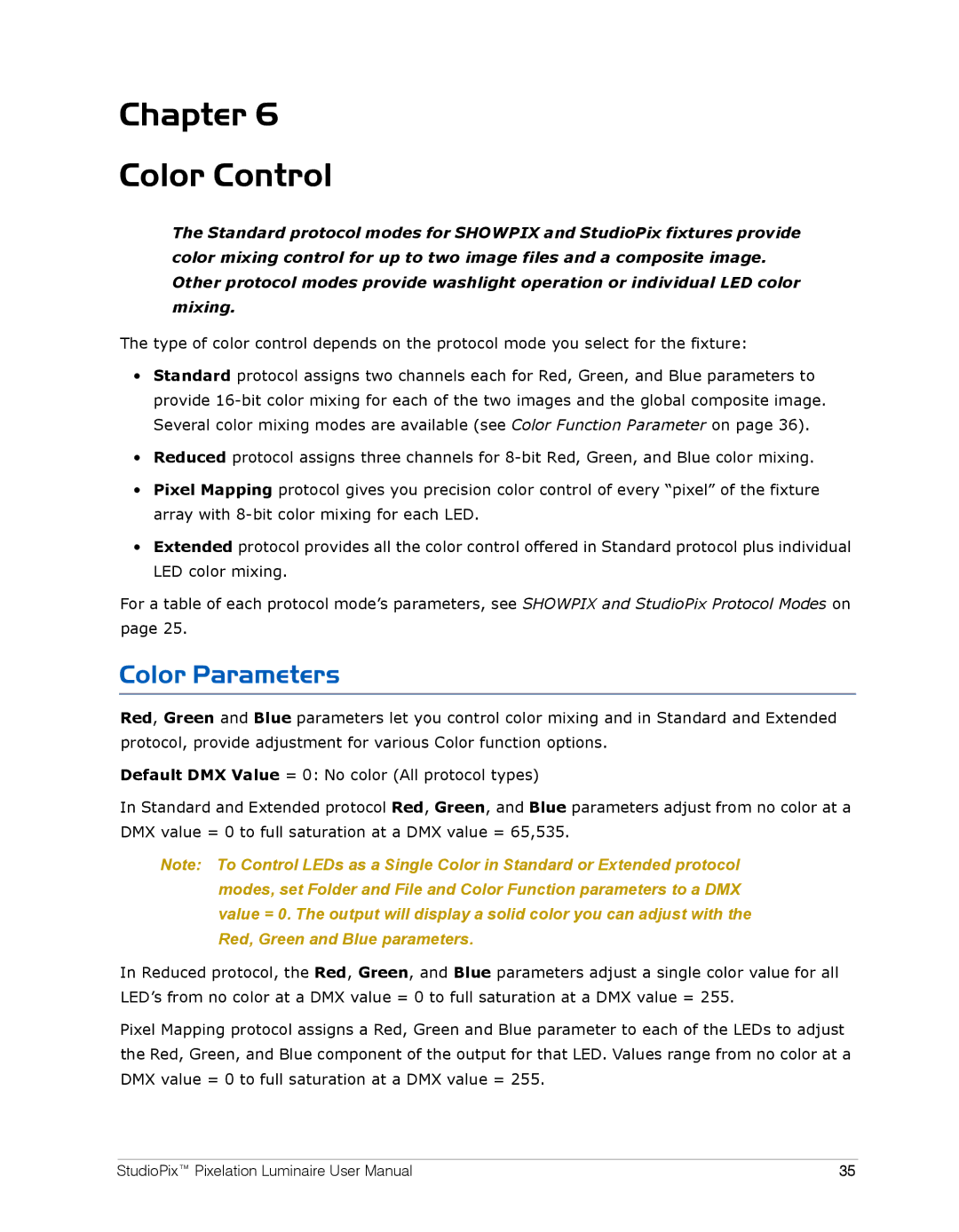 High End Systems Pixelation Luminaire user manual Chapter Color Control, Color Parameters 