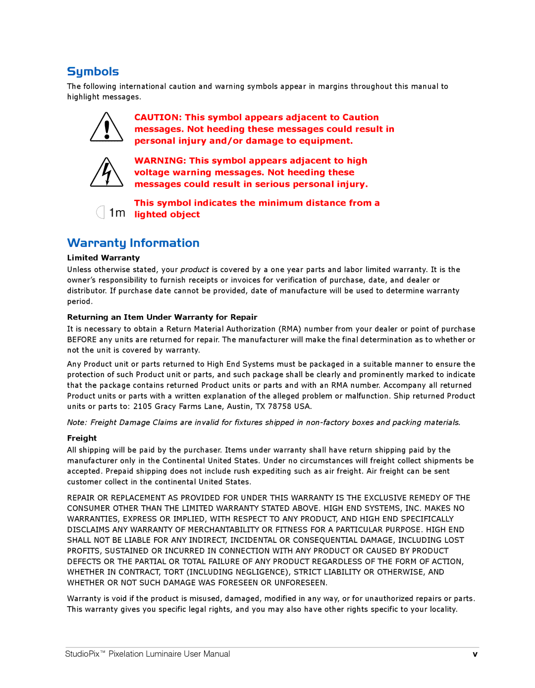 High End Systems Pixelation Luminaire user manual Symbols, Warranty Information 