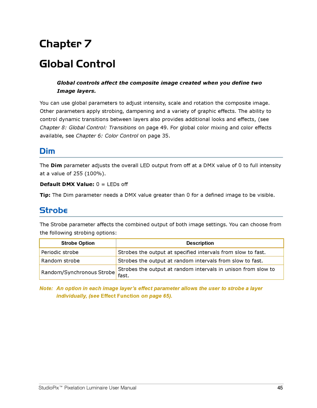 High End Systems Pixelation Luminaire user manual Chapter Global Control, Dim, Strobe Option Description 